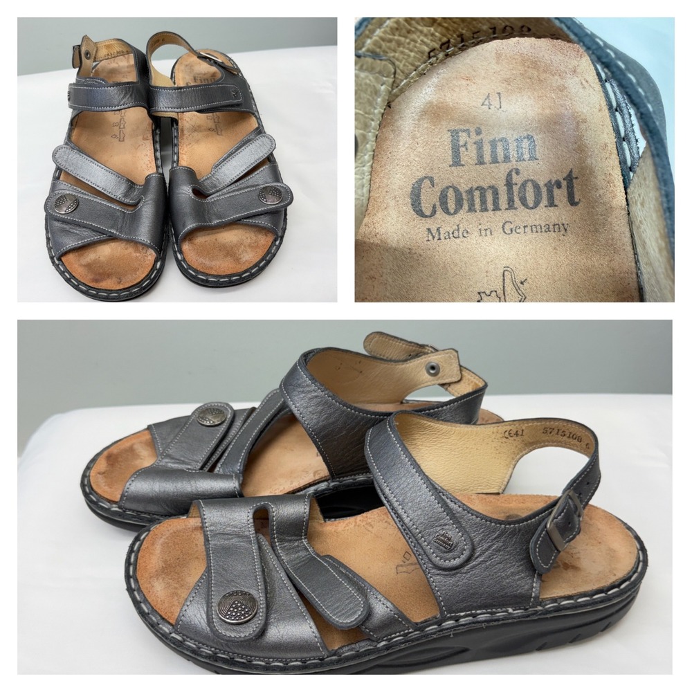 Finn Comfort Gomera Womens 41 10.5 Grey Silver Leather Adjustable Strap Sandals